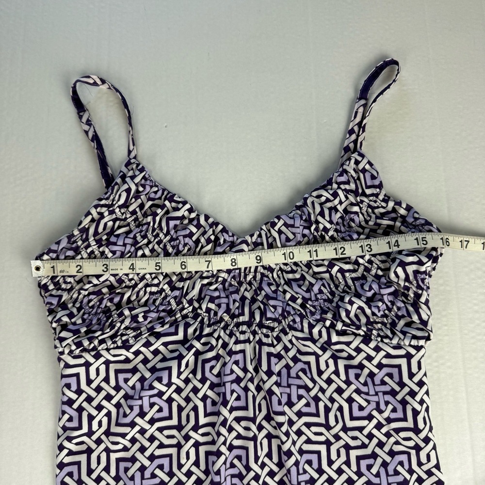 New York & Company Purple Greek Key Geometric Smocked Maxi Dress V Neck Medium - Picture 8 of 10